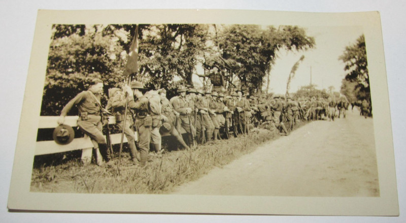 Vintage Photo Military Army Soldiers Resting Roadside Fence WWI 2 3/4" x 4 1/2"