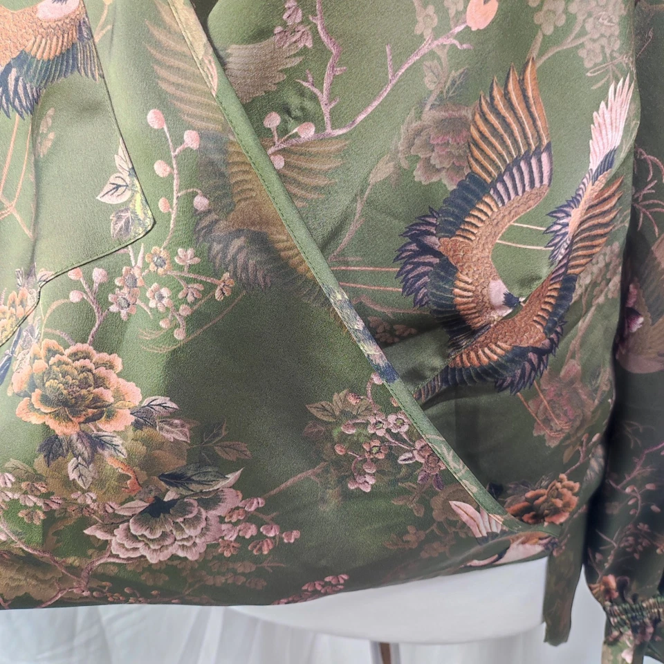 All Saints Penny Peggy Womens Khaki Green Satin Top Faux Wrap Size UK 16 Floral - Image 3 of 4