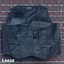 VTG Mens Black Leather Motorcycle Vest Biker Club Riding Gilet Button Size LARGE
