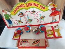 1960s Colorful litho Spinning jumping  Top Toy Made in Japan from Box nos tin to