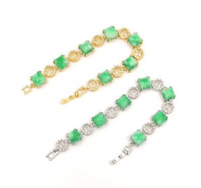 Genuine Green White Jade Rectangle 18KGP Crystal Coin Fortune Bangle  Bracelet