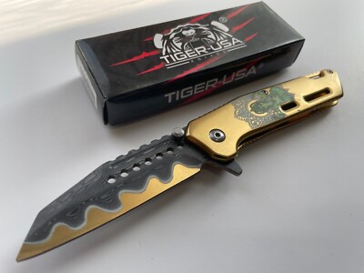 Tiger-USA 7.5'' Damascus Etched Spring Assisted Folding Knife Gold P-713-J