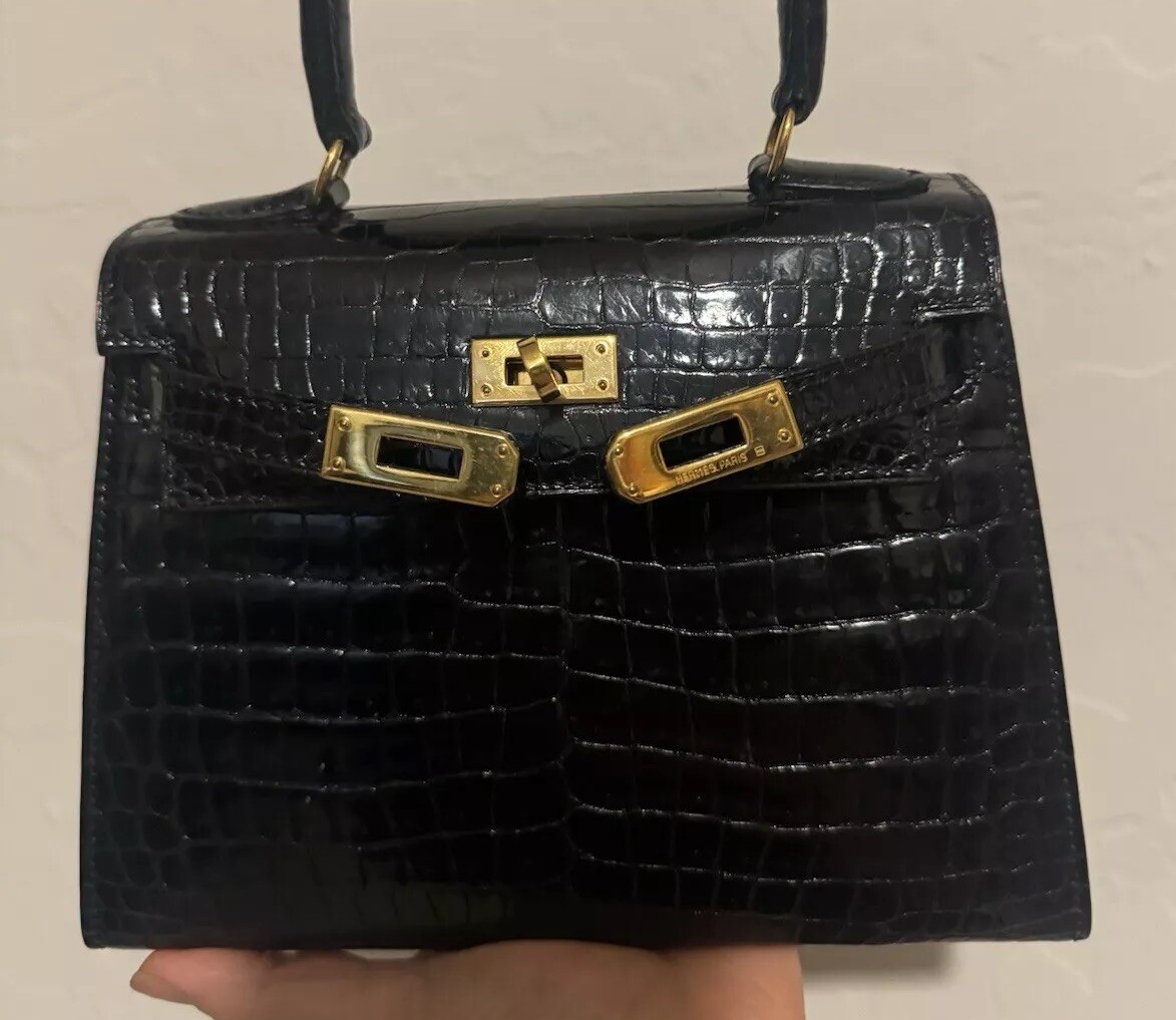 Hermes Mini Kelly 20 Black Porosus Crocodile Bag Gold Hardware