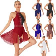 Womens Figure Skating Shiny Leotard Lyrical Dance Dress Backless Modern Halter