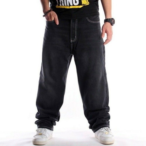 Uomo Larga Jean Pantaloni Larghi Hip Hop Gamba Abbigliamento Street Cargo |  eBay