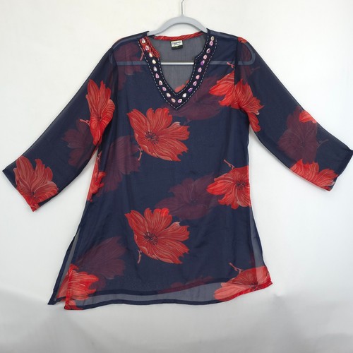 Top tunica California perline scollo V trasparente donna M blu rosso floreale spacco laterale boho - Foto 3 di 11