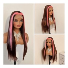 Brown With Pink Long Straight Wig 13x4 Lace Human Hair Wig Glueless For Women