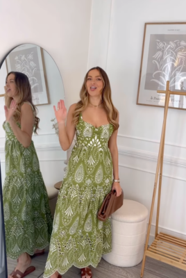 ZARA NEW SS24 WOMEN OPENWORK EMBROIDERED MIDI MID GREEN DRESS : 3229/472