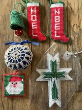 Lot Of 6 Vtg  Handmade Crochet Yarn Canvas Christmas Tree Ornaments