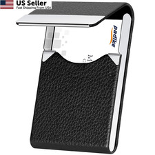 PU Leather Business Card Holder Slim Metal Magnetic Case Black