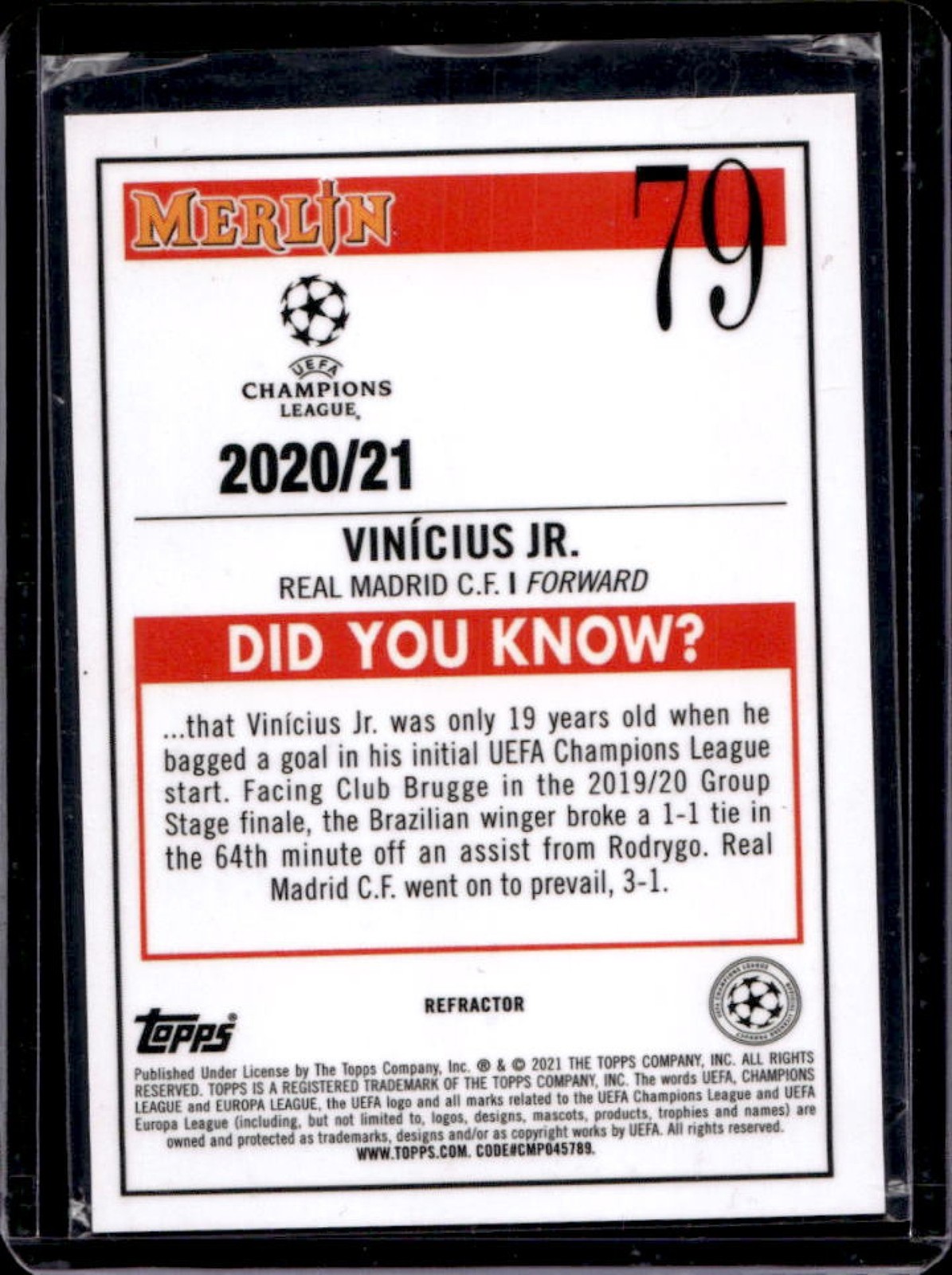 2020-21 Topps Merlin Chrome UEFA Vinicius Jr. Refractor #79 Real Madrid view 2
