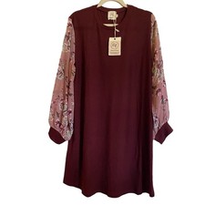 Grace and Emma New Size 2X Knit Dress Cotton Floral Burgundy Blush Long Sleeve