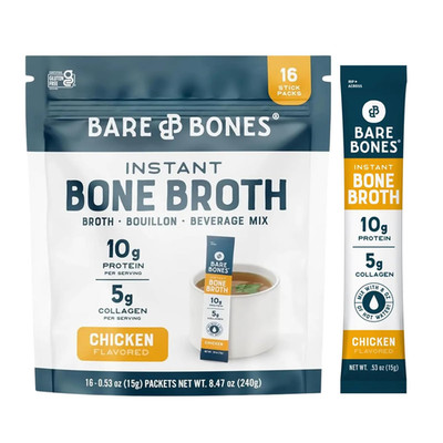 Bare Bones Chicken Bone Broth Instant Powdered Mix Packets| 5 G Collagen | 10 G
