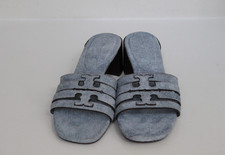 sz 9 Tory Burch Denim Canvas Blue Ines Cage Logo Slide Sandal Mule Pump Shoes