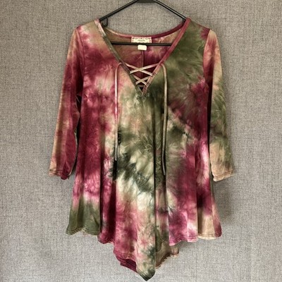 C est La Vie Women s Tie Dye Burnout Top Sz S Fairy Grunge Y2K Hippie V Neck