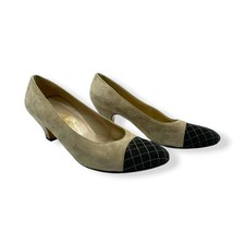 Salvatore Ferragamo Vintage Cap Toe Pumps Beige Suede Kitten Heel 8 B