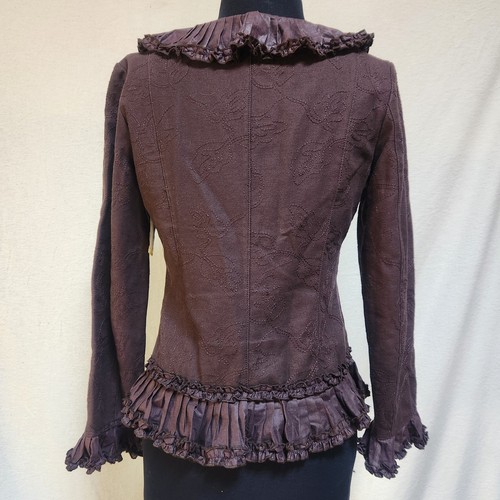 NWOT Stunning Hazel Medium Warm Brown Jacket Embroidered Ruffle Pleated Trim - Picture 3 of 11