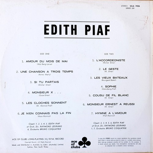 Edith Piaf – Edith Piaf Vinyl LP Ace Of Clubs Australia– SCLA 7026 - Picture 3 of 3