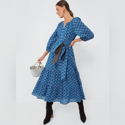 Neu mit Etikett Biesen Indigo Pfau Lyles Maxikleid Langarm Bindegürtel blau Größe L