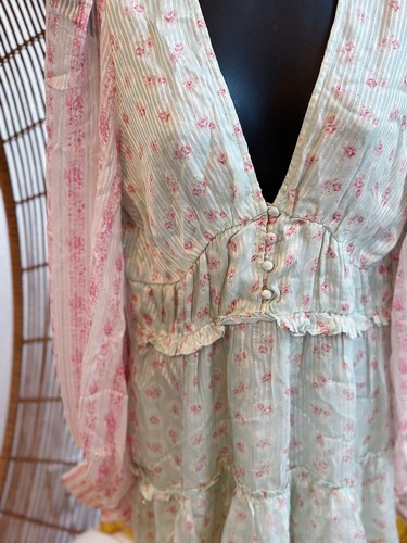 Hemant & Nandita Sana Long Sleeve Mini Dress In Pink Blue Green Ruffle Size M - Picture 11 of 18