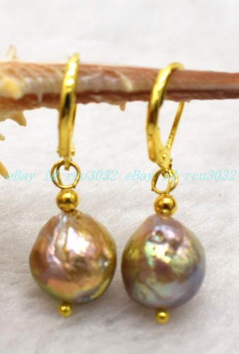 12-13mm Multicolor Baroque Keshi Freshwater Pearl Dangle gold Earrings - Picture 4 of 12