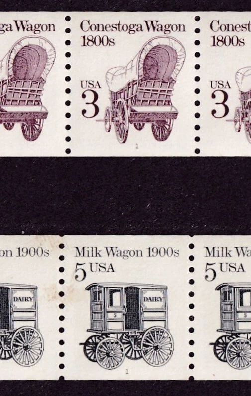 US #2252 Conestoga-Plate 1+#2253 Milk Wagon-Plate 1, 2 Plate Number Strips of 5 - Image 2 of 3