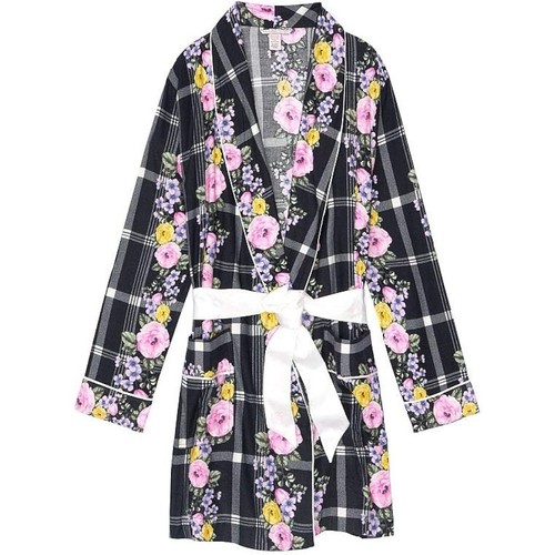 Victoria's Secret | Kurzmantel schwarz kariert rosa Blumen Flanell | Neu XS/S