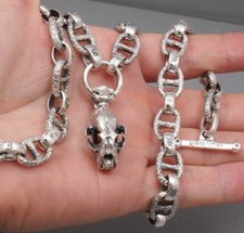 28" 143g LION TIGER SKULL CURB 925 STERLING SILVER MENS BIKER NECKLACE CHAIN pre