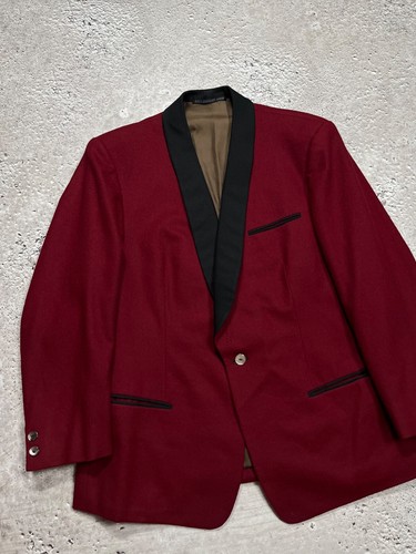 Vintage Wool Smoking Dinner Jacket Burgundy Black Contrast Shawl Collar - Picture 3 of 16