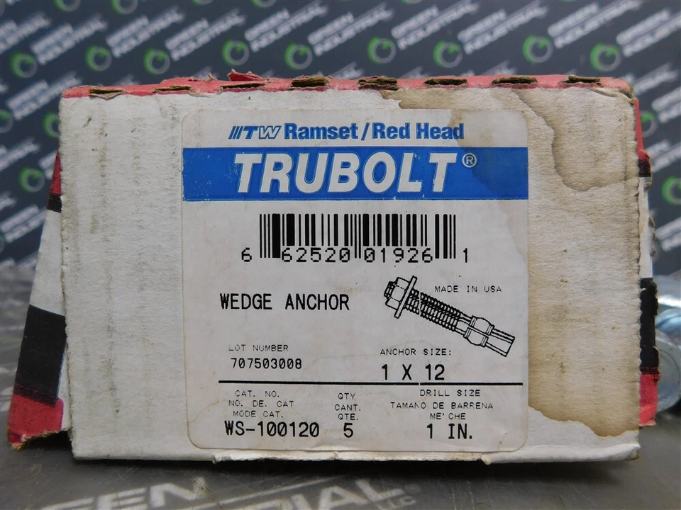 NUEVO Caja de 5 anclajes de cuña TruBolt de cabeza roja Ramset/TW 1 X 12 taladro tamaño 1" Foto 4 de 4