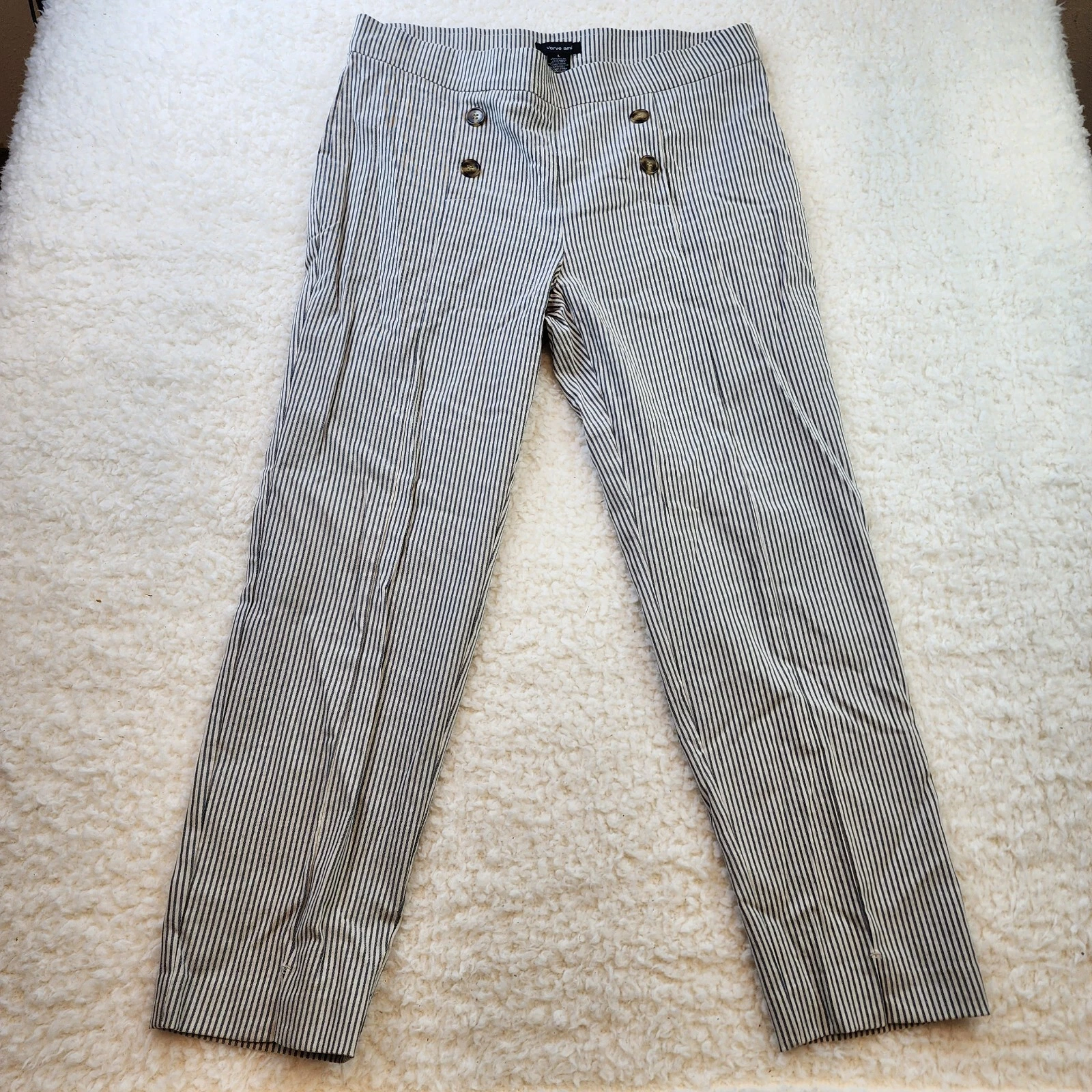 Verve Ami Capri Pants L Pinstripe Skinny Sailor Linen Stretch Coastal Beach