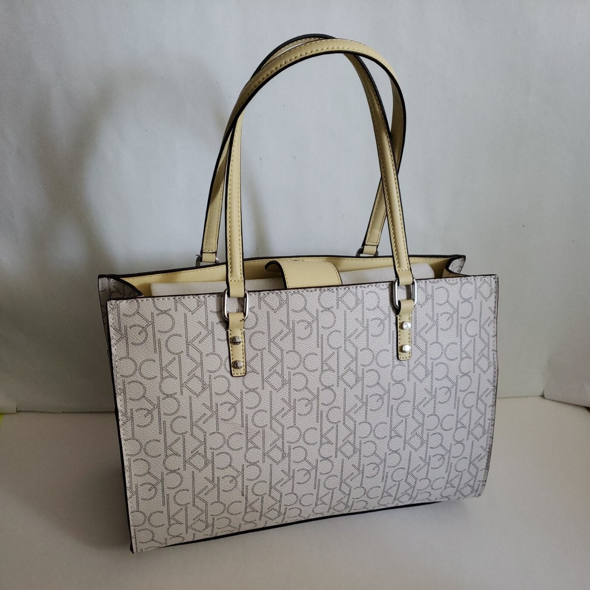 CALVIN KLEIN Monogram CK Signature Cream Satchel Hand-Bag CALVIN KLEIN Monogram CK Signature Cream Satchel Hand-Bag