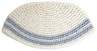 8.7" 22 cm Frik Breslav Kippah "Nachman" Crocheted in White Light Blue strips