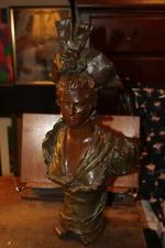 Large Bronze Bust Art Deco Signed G. Levy Beautiful Woman in Hat with Bow 18"