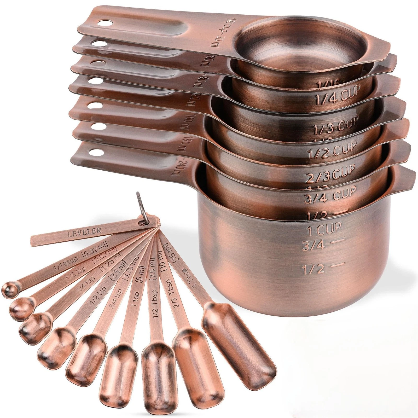 Copper Measuring Cups and Spoons Set 17, Stainless Steel 7 Measuring Cup and ...