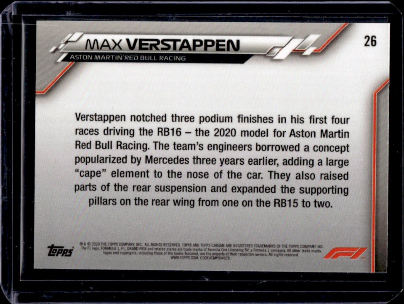 2020 Topps Chrome F1 Formula 1 Max Verstappen Rookie RC #26 view 2