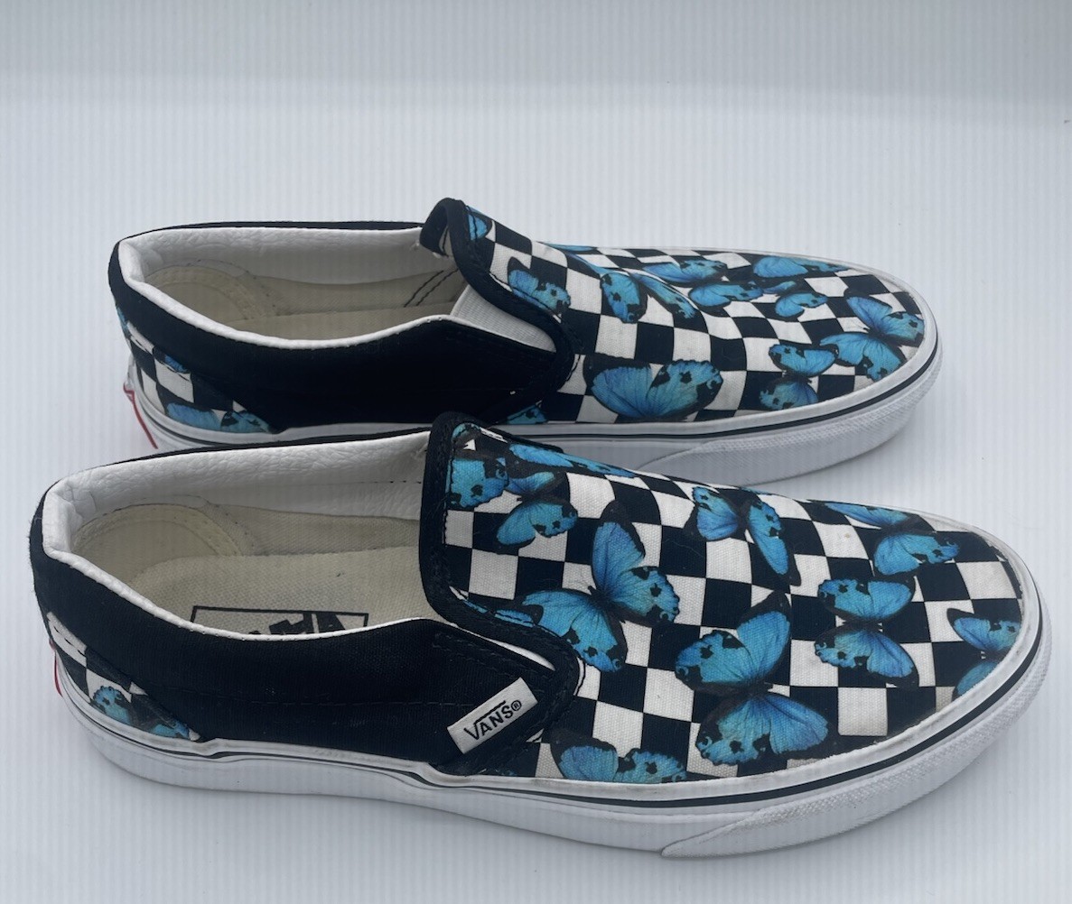VANS Slip-On Blue Butterfly Checkered Skate Shoes Size Women's