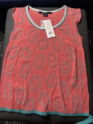 Women s French Connection Coral Beaded Sleeveless Top with Teal Trim Size 4 NWT