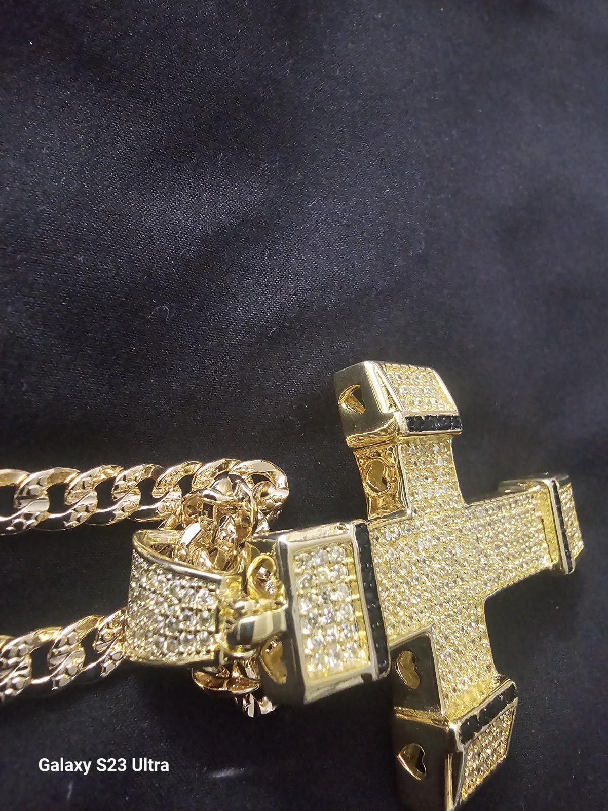 18k Gold-Plated brass-7.3mm nugget Cuban Link Chain w/LARGE CZs Cross Pendant image 5
