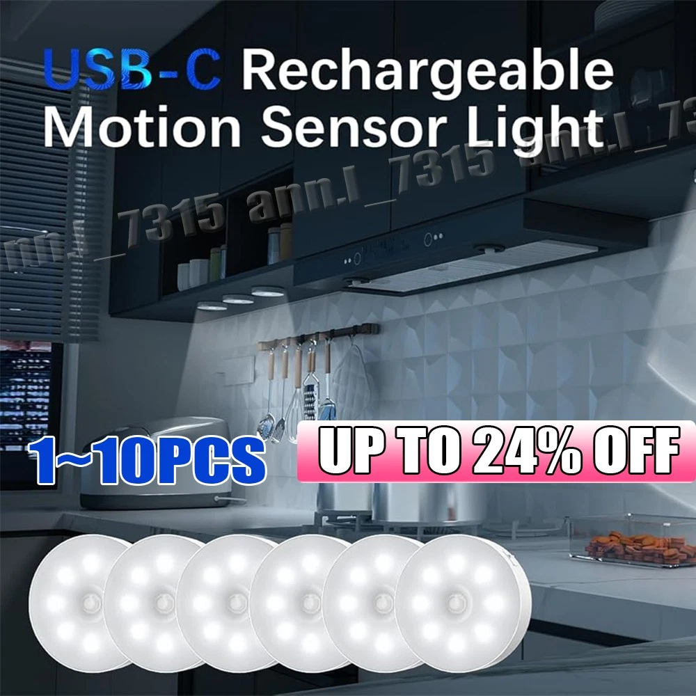10 PIEZAS Sensor de Movimiento Luz USB Inalámbrico PIR Batería Pared Gabinete Escalera Lámpara de Noche