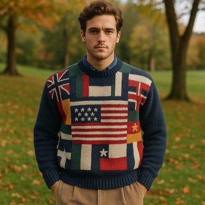 Vintage Y2K American Eagle Men Sweater Size XL 100% Wool Flag Patchwork Preppy