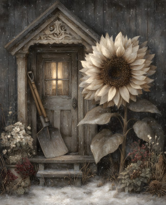 8x10 Cozy Storybook Sunflower Is in Front of House Art Print - 646113193