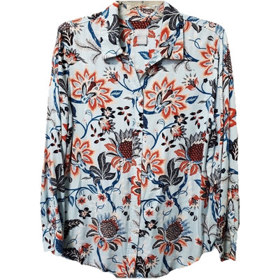 Chico's Blue Sand Wash Satin Paisley Long Sleeve Button-Up Tunic Shirt Sz 2 (L)