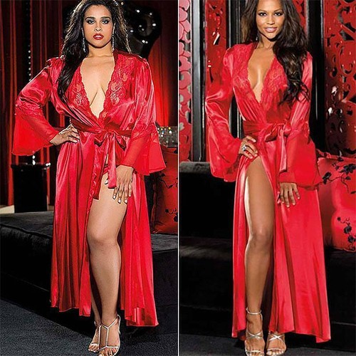 Lady Lace Long Silk Satin Kimono Bath-Robe Dressing Gown Wedding Bride Bathrobe - Picture 7 of 13