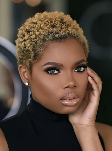 Peluca corta afro pixie rizado apretado ombre marrón resaltado mezcla sintético rizado negro - Imagen 4 de 20