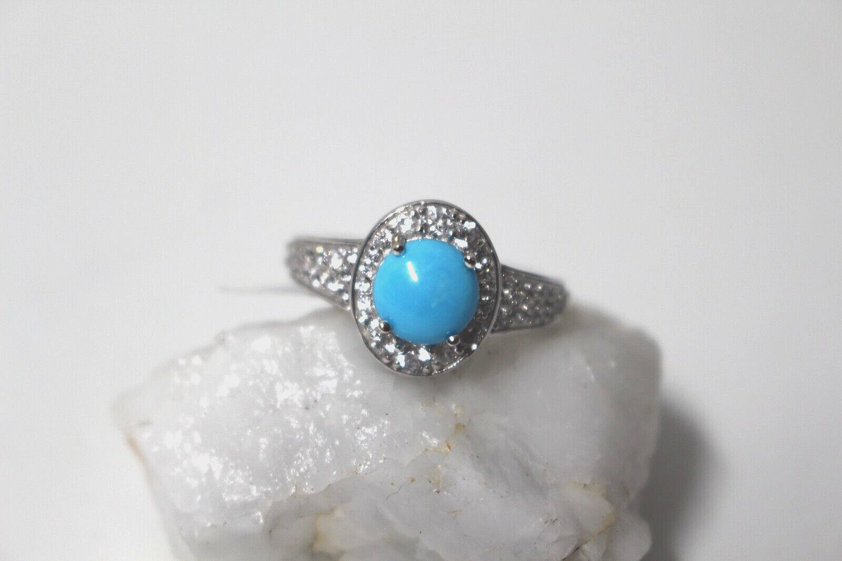 Turquoise Ring Arizona Sleeping Beauty, Cambodian Zircon Sz 8 TGW