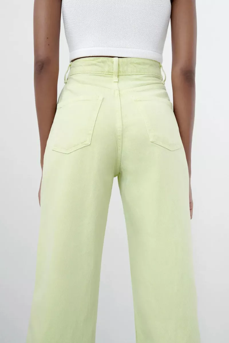 ZARA women collection SS WIDE LEG FULL LENGTH COLOURED JEANS LIME