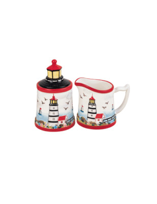 K K MERCHANDISE CERAMIC NAUTICAL LIGHTHOUSE SUGAR & CREAMER SET