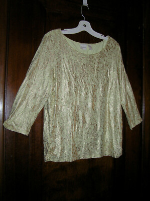 CHICO'S YELLOW BOAT NECK METALLIC PRINT 3/4 SLEEVE STRETCH TOP SZ