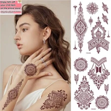 Set of 12 Tattoo Stickers Brown Henna Lace Waterproof Temporary Tattoo Body Art